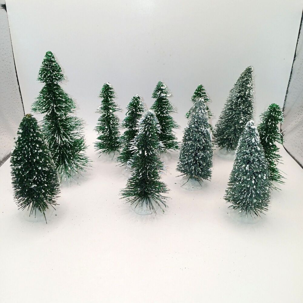 Frosted Bottle Brush Trees with Green Glitter Village Decor 3 - 6 in Lot of 11